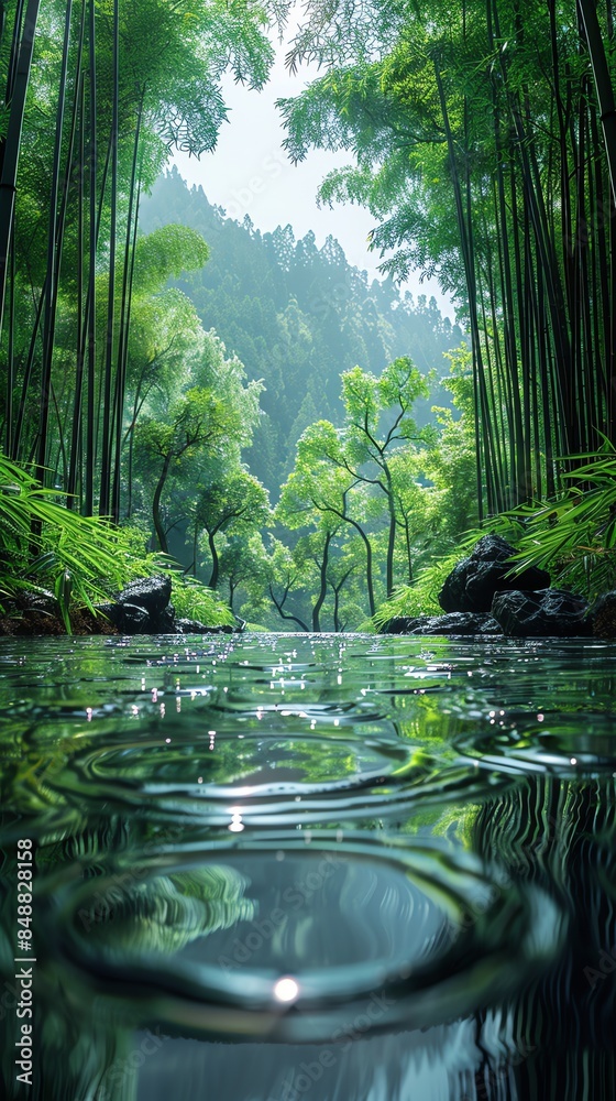 Obraz premium Chishui Bamboo Sea in China, Bamboo forest, stream water, The background is the Danxia landform, Realistic picture quality, Movie shots, 8K, HD 9:16