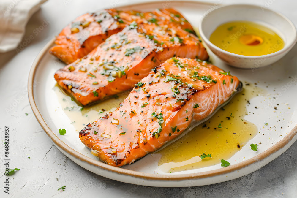 A photography of some delicious fish serving with olive oil and some green herbs A photography of some delicious fish serving with olive oil and some green herbs
