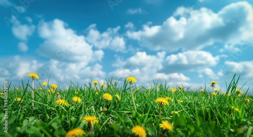 Meadow. Fresh Grass and Yellow Dandelion Flowers in Nature. Blurry Blue Sky with Clouds in Summer Spring Landscape © Vlad