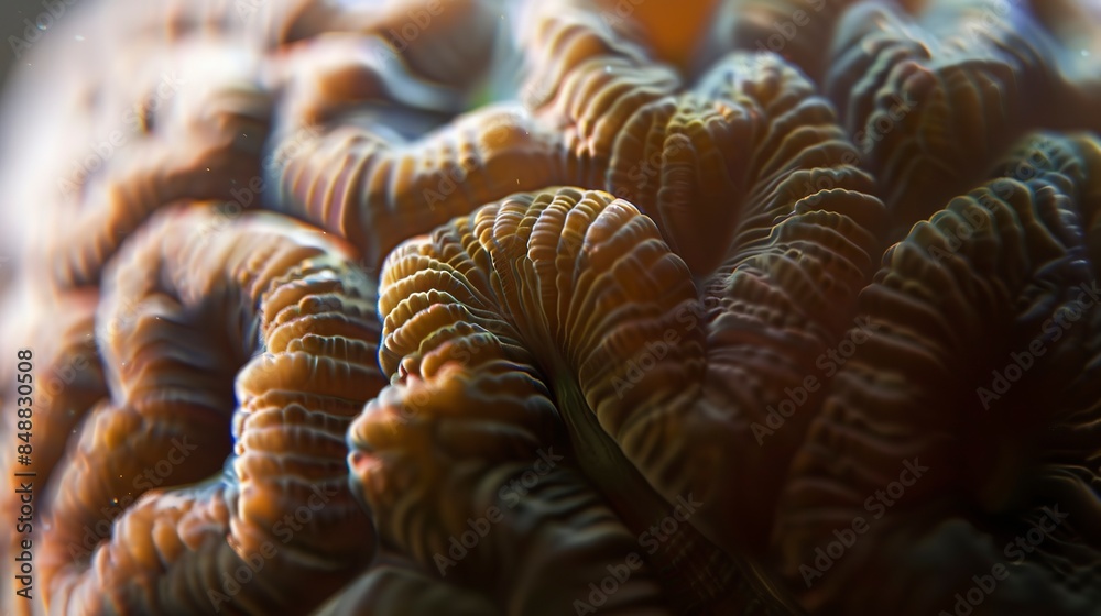 Close focus on a brain coral, intricate patterns and textures, soft glow from ambient light. Close focus on a brain coral, intricate patterns and textures, soft glow from ambient light.
