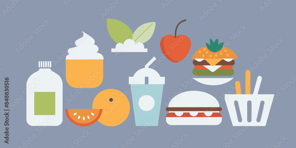Food and drink selection with colorful fruits, vegetables, beverages, and snacks. A vibrant assortment of food and drink items, bursting with colors and flavors. Food and drink selection with colorful fruits, vegetables, beverages, and snacks. A vibrant assortment of food and drink items, bursting with colors and flavors.