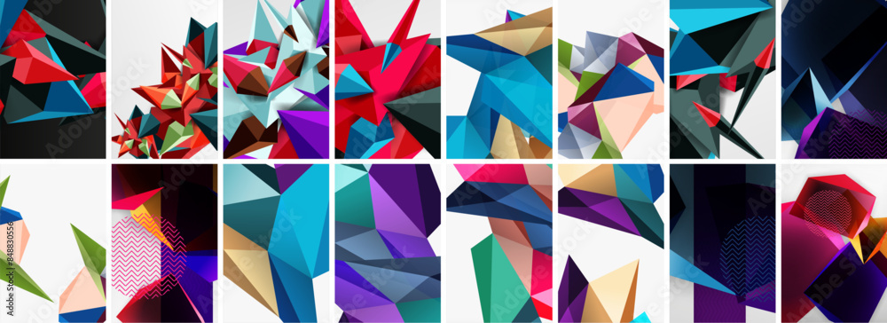Set of low poly triangles poster geometric backgrounds. Vector Illustration For Wallpaper, Banner, Background, Card, Book Illustration, landing page Set of low poly triangles poster geometric backgrounds. Vector Illustration For Wallpaper, Banner, Background, Card, Book Illustration, landing page