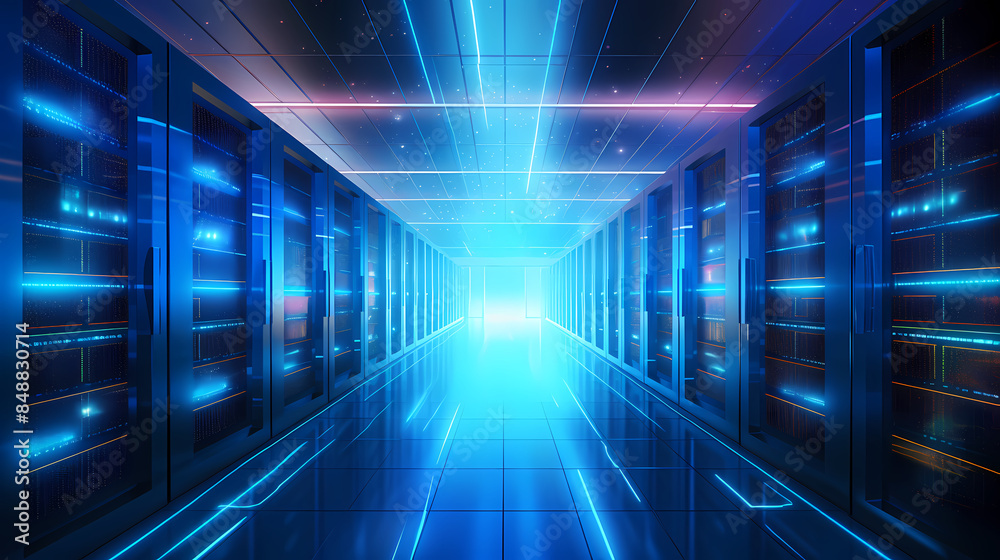 Glowing data center with server racks arranged in rows Glowing data center with server racks arranged in rows