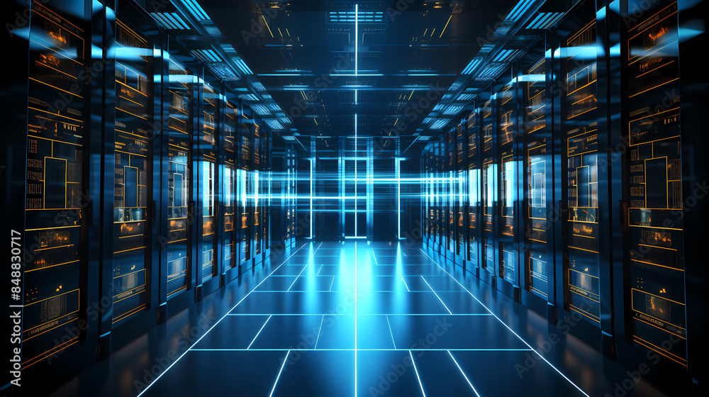 Glowing data center with server racks arranged in rows