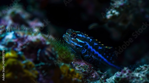 Macro shot of a neon goby, electric blue stripes vivid against the dark ocean backdrop. photo