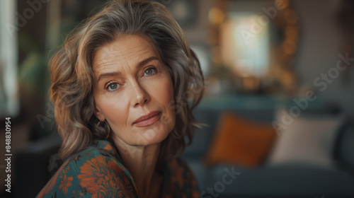 Portrait of 50 years old beautiful woman sitting in her living room at home and looking at camera
