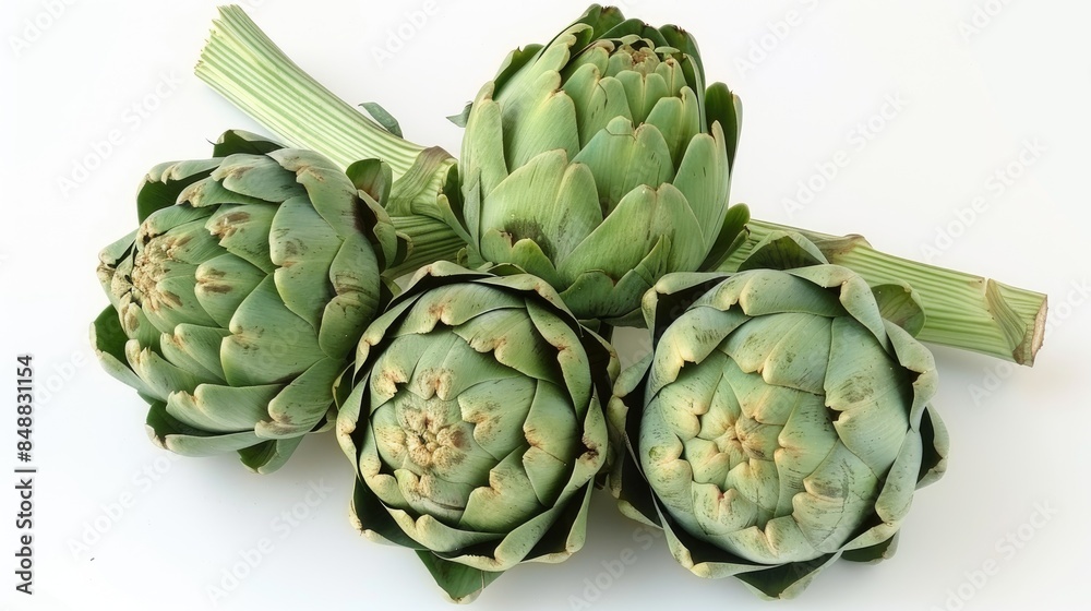 Artichoke vegetables picked from a garden against a white backdrop Artichoke vegetables picked from a garden against a white backdrop