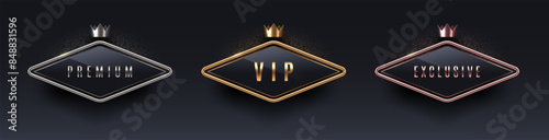 VIP, premium and exclusive sign with 3d metal frame and crown. Golden, silver and bronze metallic luxury sign on black background. Vector set.