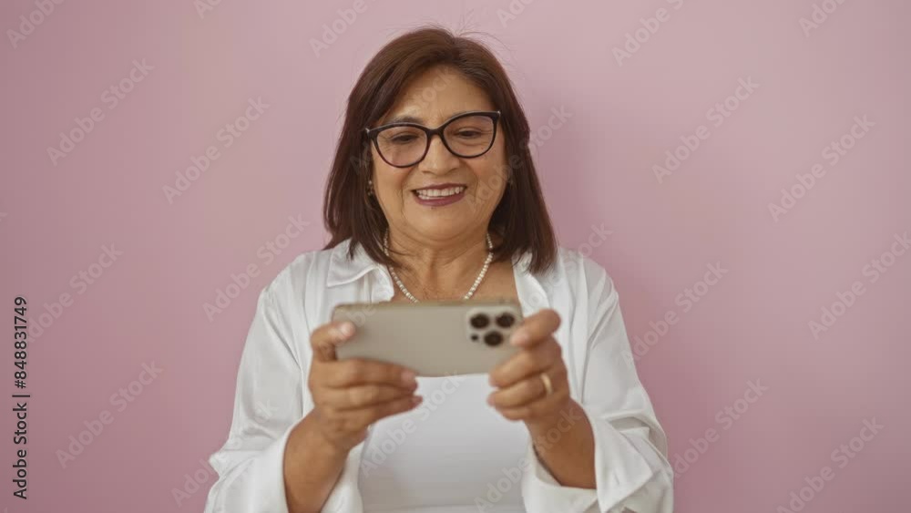 Smiling elderly woman with glasses using a smartphone against a pink background, wearing a white shirt and necklace. Smiling elderly woman with glasses using a smartphone against a pink background, wearing a white shirt and necklace.