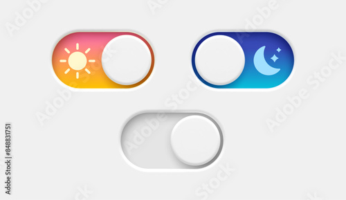 On and Off toggle switch buttons. Day and night mode switch button. Dark mode, light mode. Material design switch buttons set. Vector illustration.