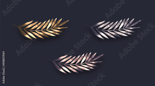 Set of metallic branches. Golden, siver and bronze branch on dark background. Vector illustration. photo