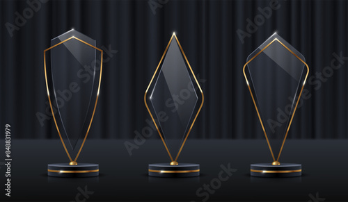 Set of glass award trophy. Transparent prize template. Winner first place concept. Vector illustration.
