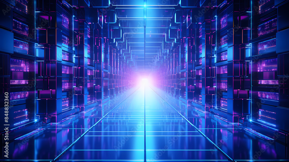 Obraz premium Glowing data center with server racks arranged in rows