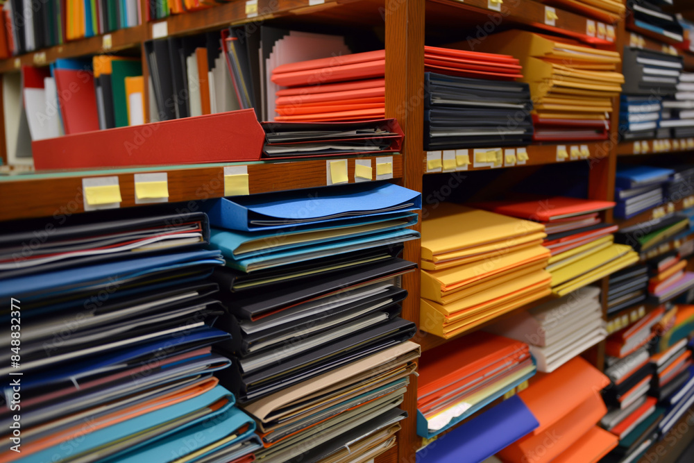 Obraz premium A neatly organized storage room filled with file folders and documents arranged for easy accessibility