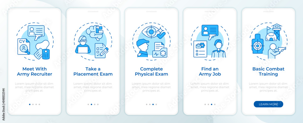 Joining the military blue onboarding mobile app screen. Walkthrough 5 steps editable graphic instructions with linear concepts. UI, UX, GUI template. Montserrat SemiBold, Regular fonts used Joining the military blue onboarding mobile app screen. Walkthrough 5 steps editable graphic instructions with linear concepts. UI, UX, GUI template. Montserrat SemiBold, Regular fonts used