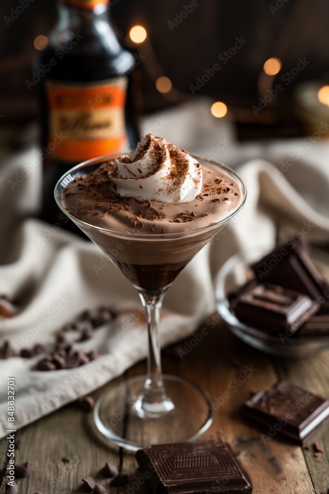 Chocolate cocktail topped with whipped cream and cocoa shavings, served in an elegant martini glass Chocolate cocktail topped with whipped cream and cocoa shavings, served in an elegant martini glass