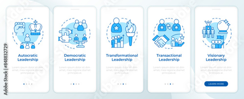Leadership styles management blue onboarding mobile app screen. Walkthrough 5 steps editable graphic instructions with linear concepts. UI, UX, GUI template. Montserrat SemiBold, Regular fonts used