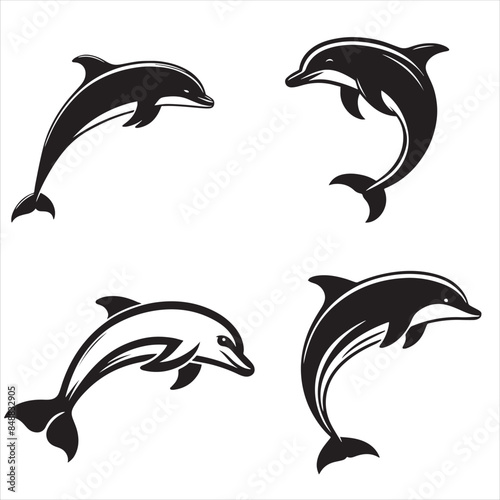 Set of dolphin black silhouette on white background
