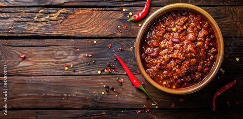 Top view of a delicious bowl of chili resting on a rustic wooden table