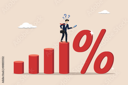 Debt burden risk from high interest rate, FED or federal reserved rate hike cause heavy loan, economic recession concept, confused businessman bearing the burden of large percentage interest rates.
