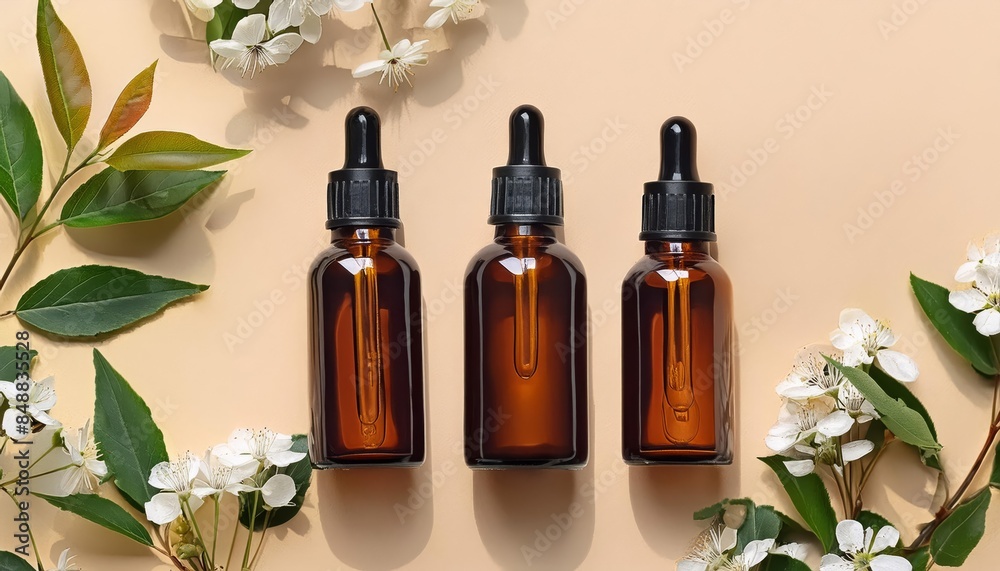three Glass Serum Bottle with Dropper on Beige Background, Surrounded by Olive Leaves and Flowers