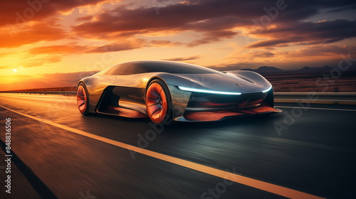 Futuristic sports car on highway at sunset, symbolizing modern design and luxury