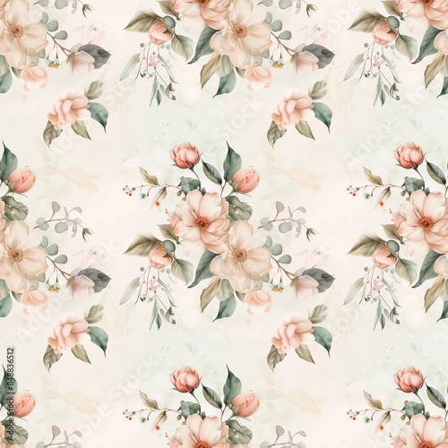 Seamless Floral Pattern with Soft Pink and Beige Flowers Delicate and Elegant Design Perfect for Baby Shower Invitations and Wrapping Paper Vintage Botanical Background with Watercolor Elements