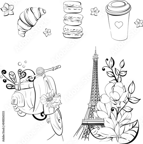 Vector Eiffel tower and scooter illustration. Vintage motorbike in romantic style. French bakery, street food. Paris cafe bakery. Travel love vacation. Black silhouette for circuit