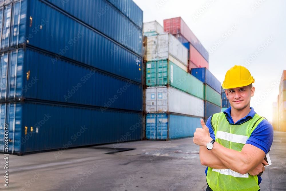 confident Caucasian man engineer standing with box container background and check for control loading containers box from Cargo freight ship for import and export, transport confident Caucasian man engineer standing with box container background and check for control loading containers box from Cargo freight ship for import and export, transport