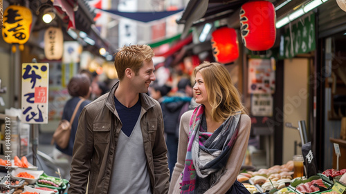 市場を散策するブロンドの外国人カップル