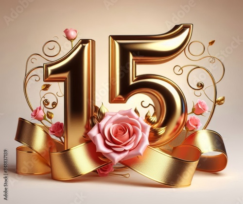Elegant gold number 15 with pink roses and flourishes, perfect for quinceañera celebration