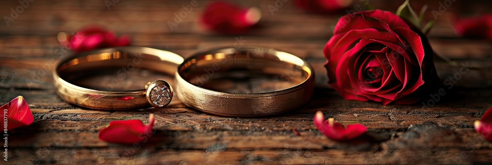Golden Wedding Rings with a Red Rose and Petals beautifully arranged on a Wooden Surface Golden Wedding Rings with a Red Rose and Petals beautifully arranged on a Wooden Surface