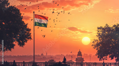 The Indian flag on the background of the city. The symbol of the Republic. Independence Day, Republic Day photo