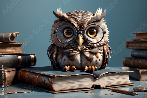 cute owl in glasses with books