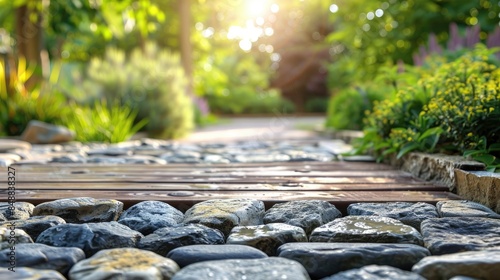 Place stone paving blocks on wooden surface in a garden