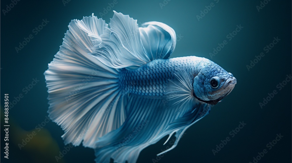 Fototapeta premium An ultrarealistic, hyperdetailed and high-resolution portrait of the blue and white betta fish. The subject should be centered with perfect symmetry against a dark background. Focus on capturing