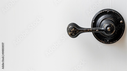 Antique black door handle on a white background with space for text