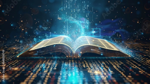 A visual representation of high-tech concepts with a glowing book and circuit imagery showing a blend of literature and technology