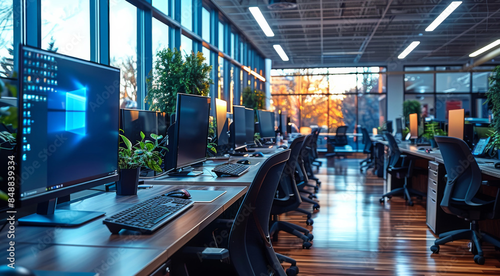 Office setup with several pc computer workstations. Generative AI ...