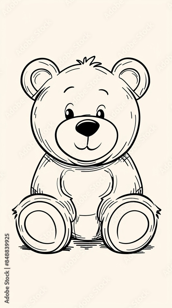 Obraz premium Cute bear toy. It is sitting. Simple vector illustration in style outline, Bear Drawing 
