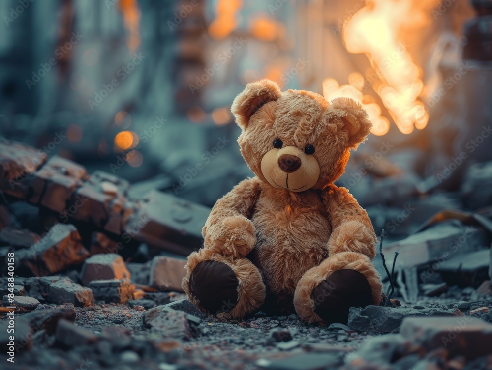 Kids teddy bear toy over city burned destruction of an aftermath, earthquake - ai Kids teddy bear toy over city burned destruction of an aftermath, earthquake - ai