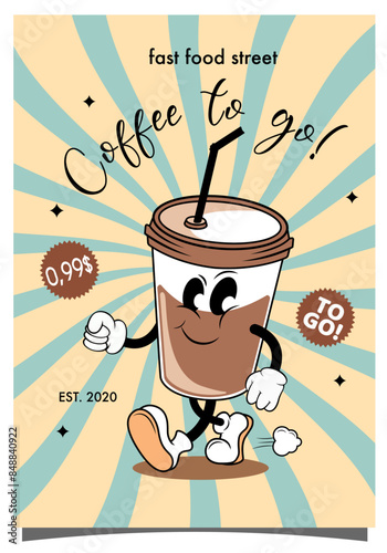 Retro style coffee to go poster, street food takeaway	
