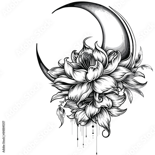 A flower with a moon in the background. The flower is surrounded by leaves and the moon is in the center
