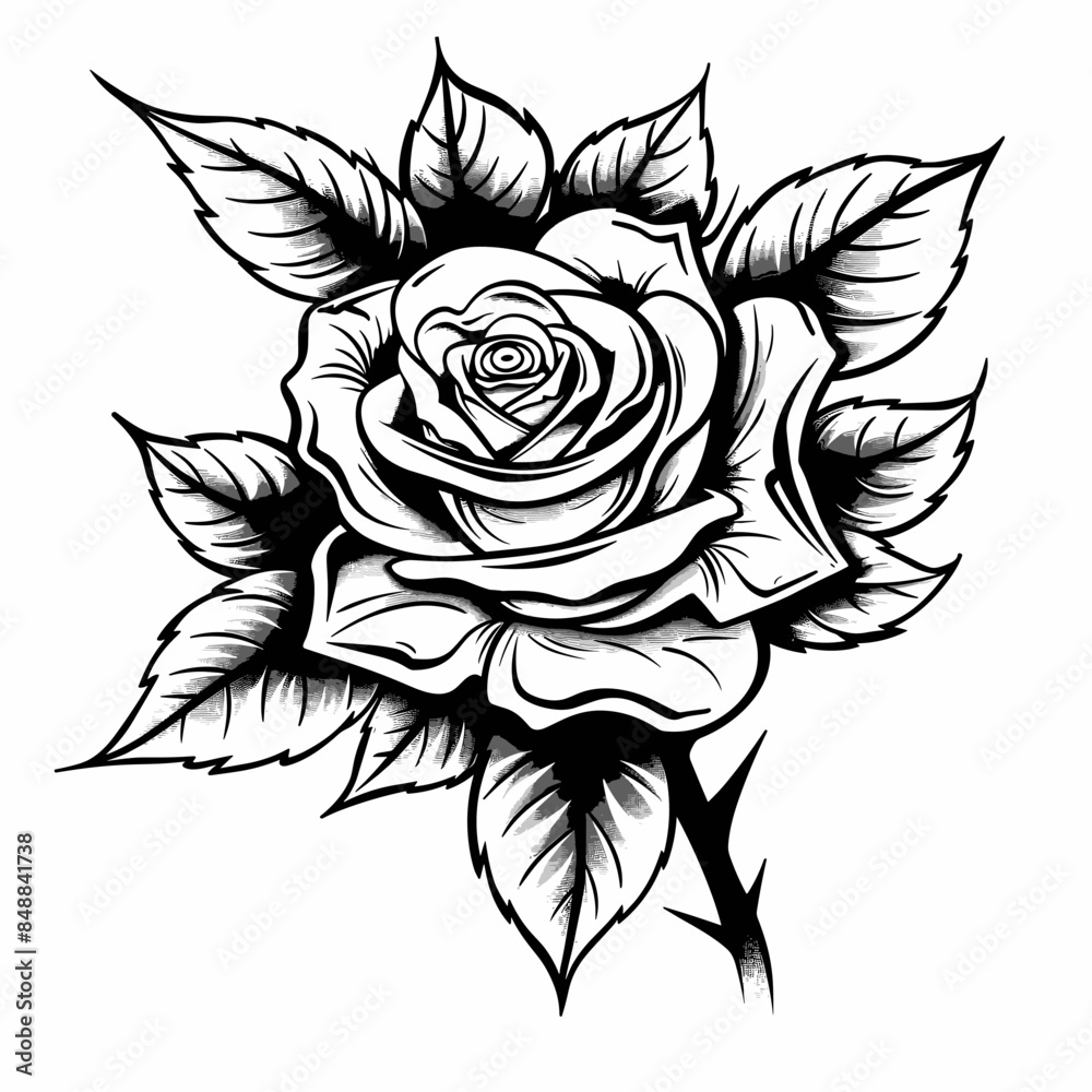 black and white vector image in tattoo style - rose on a white background black and white vector image in tattoo style - rose on a white background