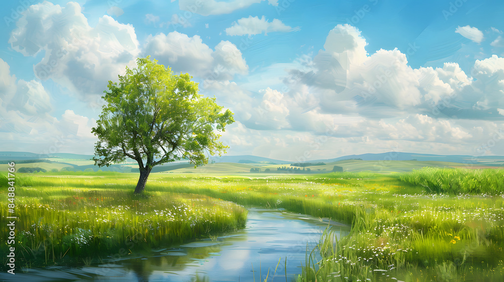 River meadow rural nature spring landscape painting, peaceful countryside illustration River meadow rural nature spring landscape painting, peaceful countryside illustration