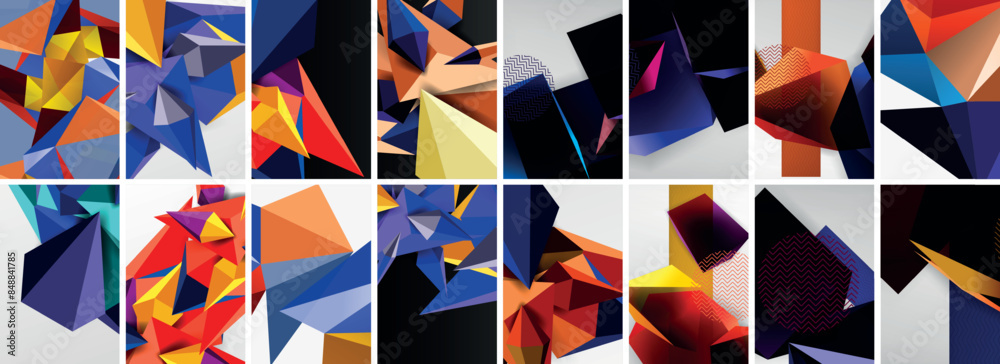 Set of low poly triangles poster geometric backgrounds. Vector Illustration For Wallpaper, Banner, Background, Card, Book Illustration, landing page Set of low poly triangles poster geometric backgrounds. Vector Illustration For Wallpaper, Banner, Background, Card, Book Illustration, landing page