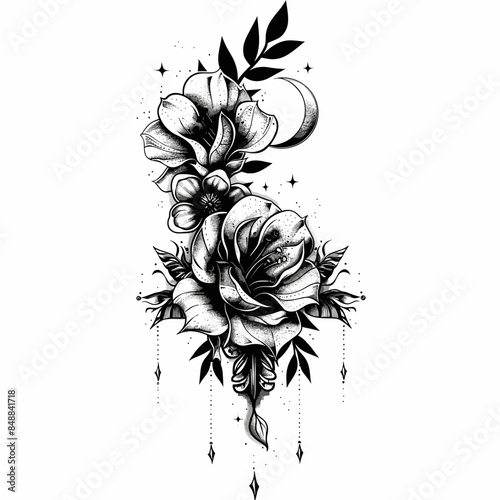 black and white vector illustration in tattoo style - a beautiful exotic flower on a white background