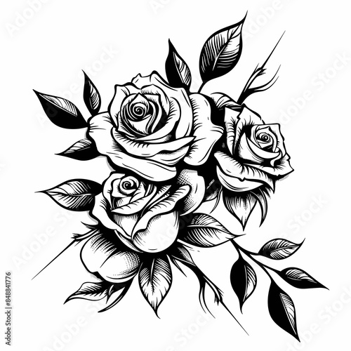 black and white vector image in tattoo style - three roses on a white background