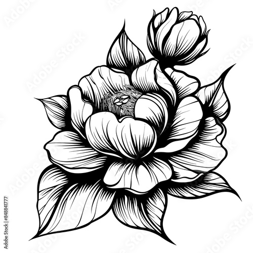black and white vector illustration in tattoo style - a beautiful exotic flower on a white background