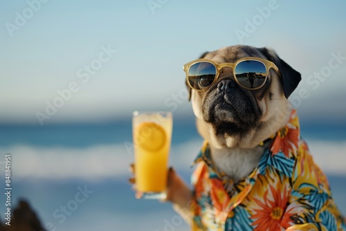 A close-up portrait photo of a cute fashionable pug dog wearing sunglasses and a Hawaiian shirt, with a beach in the background and a cocktail drink in its hand. Vacation concept.